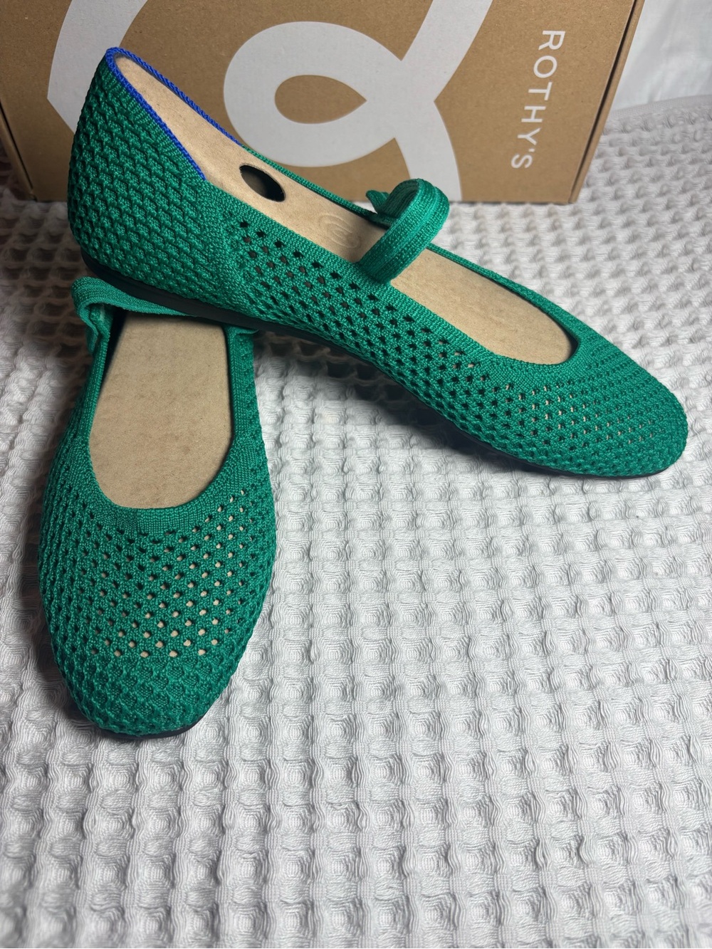 Rothy's Green Knit Mary Jane Flats with Blue Trim - Picture 2 of 6